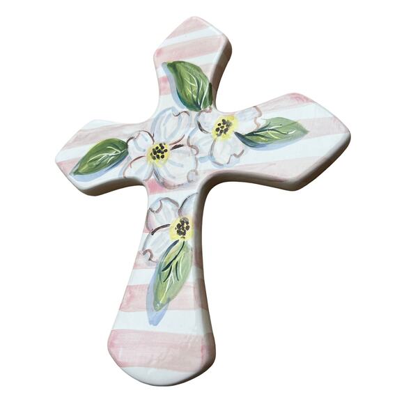 CERAMIC CROSS with Dogwood Blossoms & Pink Stripes/Wall Art Ready to Hang - Picture 7 of 10